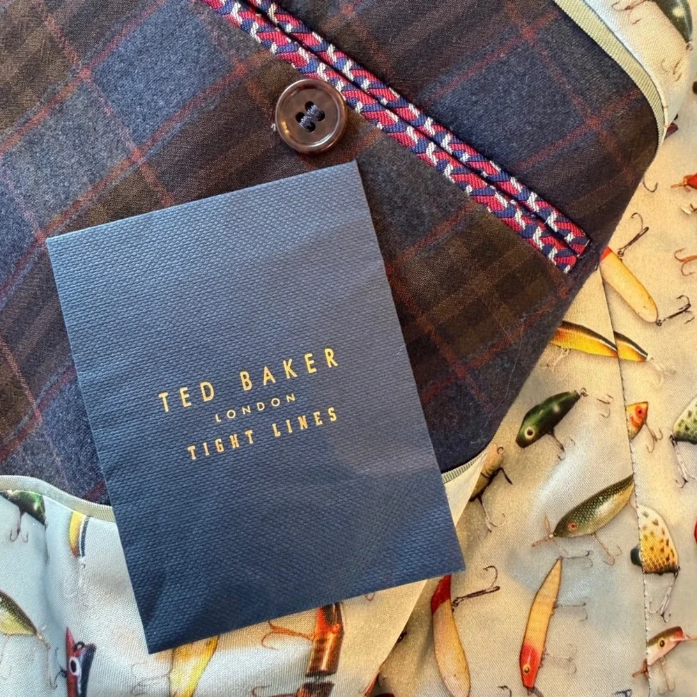 Ted Baker Tight Lines Blazer 38R Blue Brown Plaid Windowpane Preppy Sport Coat